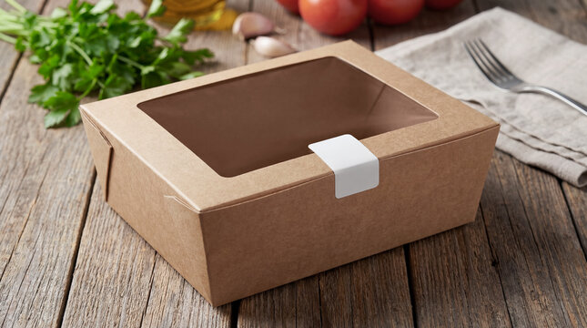 Empty kraft paper food box with window and blank white sticker seal mockup on rustic wooden table