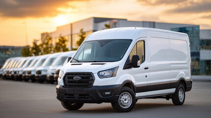 Golden hour backdrop highlighting gleaming white delivery vans in long row, professional logistics fleet display, evening urban parking lot scene, transport industry visualization