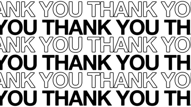 THANK YOU neon glow text opening motion animation video, youtube channel repeating scrolling text kinetic typography seamless loop intro social media black type on white backdrop bg outro