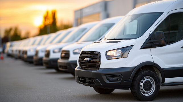 Close-up angled shot of white delivery vans in long row, reflective surfaces catching warm sunset light, fleet vehicles lined up for commercial operations