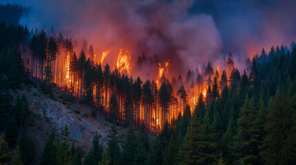 Obraz premium Dense pine forest engulfed in raging wildfire, towering flames and thick smoke rising, ecological disaster, natural habitat destruction, intense orange and red hues, environmental