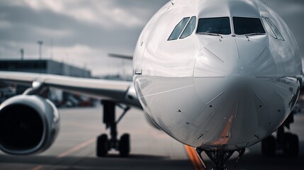 Plane on runway during cloudy day with airport facilities in the background and ground crew preparing for departure