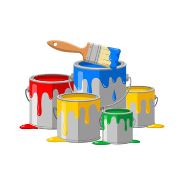 Colorful Paint Cans with Brush and Dripping Paint - Creative Supplies