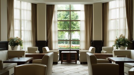 Fototapeta premium Cozy indoor space with comfortable seating and large windows showing green plants outside during daytime