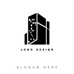 Modern Black Skyscraper Logo Design on White Background for Luxury Real Estate Branding Urban Architecture Firm Icon High Rise Building Development Identity Minimalist Property