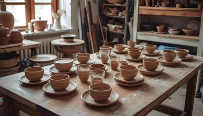 Handmade glasses and plates are meticulously arranged on a wooden worktable in a ceramic studio, surrounded by an assortment of clay, pottery wheels, and half-finished projects, with earthy tones of b