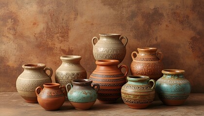 handmade ceramic pots with intricate patterns and earthy tones, set against a warm and textured background, showcasing a variety of shapes and sizes, with some pots having small handles and others hav