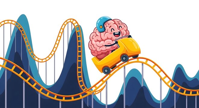 A smiling brain wearing a helmet rides a yellow car on a blue and orange roller coaster