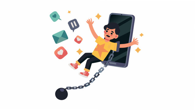 A boy emerges from a smartphone escaping digital chains and notifications
