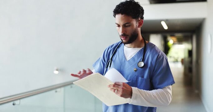 Nurse, folder and research with man in hospital for treatment plan, patient history or medical report. Healthcare diagnosis, insurance paperwork and checkup records with person for doctor referral
