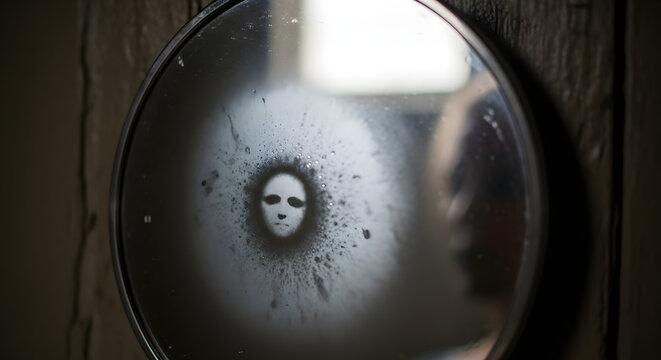 Surreal creepy reflection of pale face in round mirror with dark splattered texture on wall