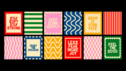Custom blinds with your photo Abstract motivational posters featuring expressive geometric forms and dynamic shapes. Uplifting phrases in a modern minimalist cartoon style for walls in cafes, kitchens and creative spaces.