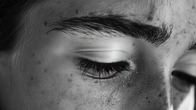 Close-up of a person's eye focusing on details such as eyelashes, pores, and freckles. High contrast and texture.