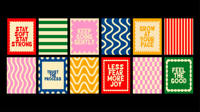 Abstract motivational posters featuring expressive geometric forms and dynamic shapes. Uplifting phrases in a modern minimalist cartoon style for walls in cafes, kitchens and creative spaces.