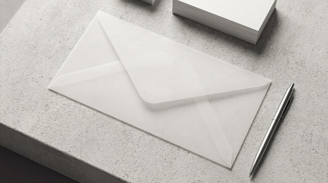 Blank translucent vellum paper envelope mockup with silver pen and business cards on grey concrete surface