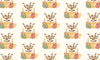 Fototapeta premium Easter Seamless Pattern with Eggs, Candles, Vase and Floral Elements in Scandinavian Style