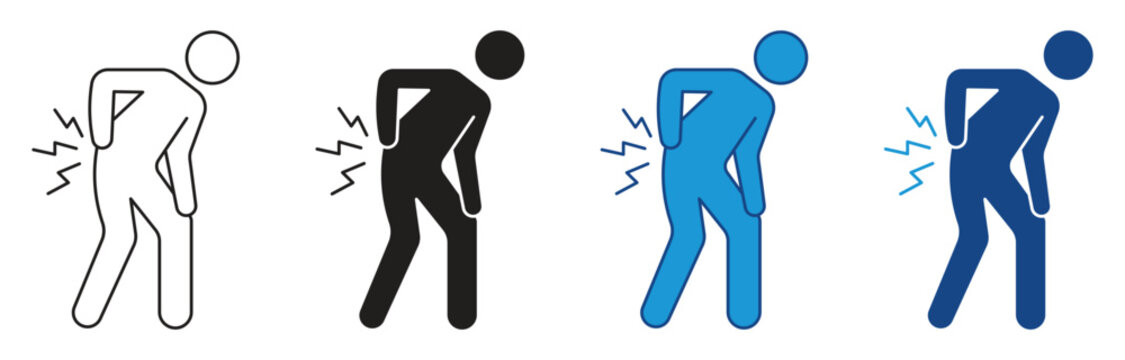 Backache icon set. Person with Back pain icon, backache concept, isolated on white background. Vector illustration.