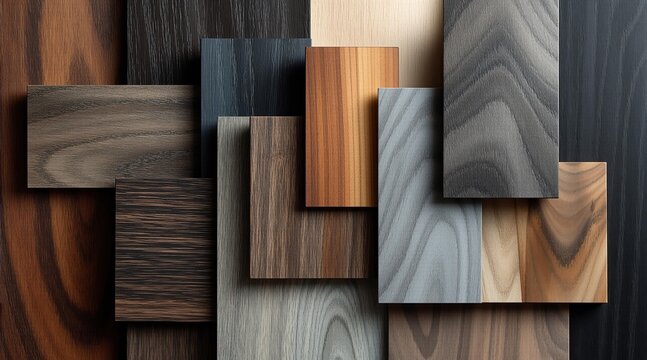 Assortment of wood samples and veneer swatches showcase various natural textures and finishes. Material palette for interior design and architecture concepts.
