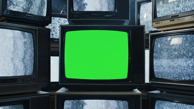 Stack of old televisions with static screens and one green screen 4k video