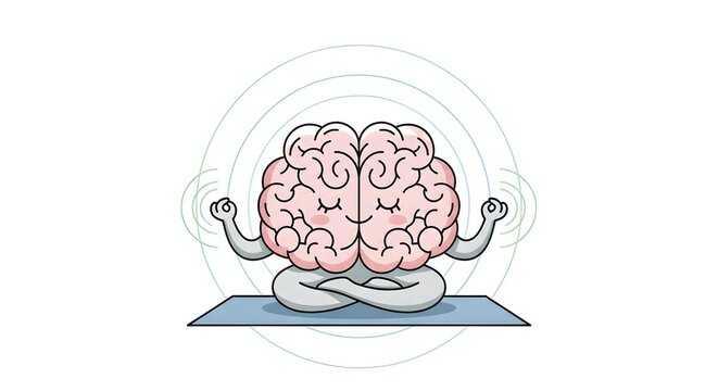 Pink brain with arms flexing on a blue mat surrounded by green circles muscles