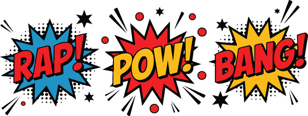 Comic Book Sound Effect Vector Set  RAPOW and BANG with Stars and Dots © Creative design