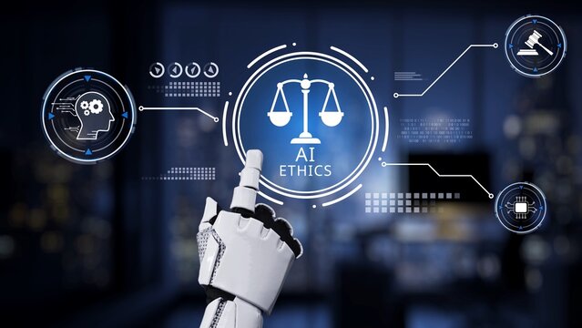 Futuristic image showcasing a robotic hand pointing at a visual representation of AI ethics. This highlights the critical balance in responsible artificial intelligence development. Synapse