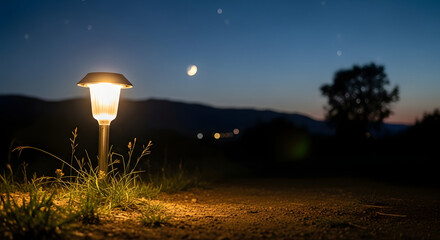 Fototapeta premium Solar garden light illuminating path at night with moon and stars