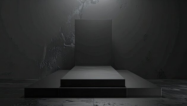 Minimalist dark gray geometric stage pedestal in an abstract textured room.