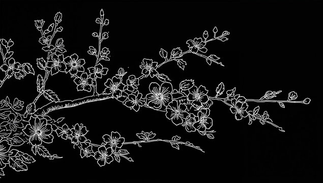 黒地に白線のみで構成したモノトーンの桜パターン、広告バナー向けのシンプル版、人物なし