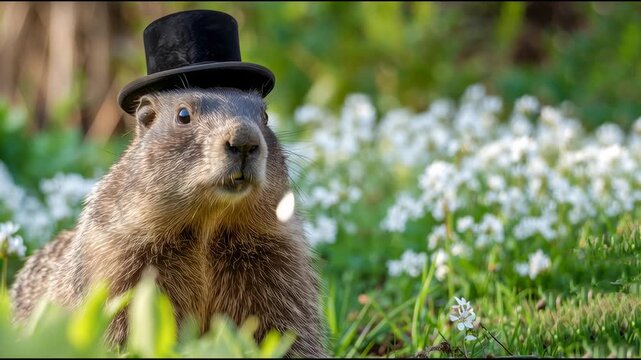 Cute groundhog wearing a tiny top hat enjoys a sunny day among blooming flowers in a vibrant green park