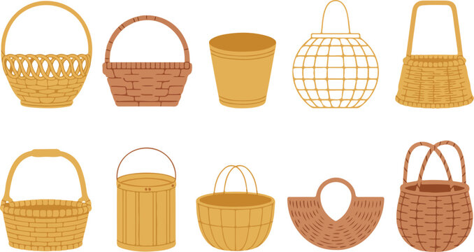 Traditional Wicker Basket Vector Set  Handmade Bamboo and Straw Containers