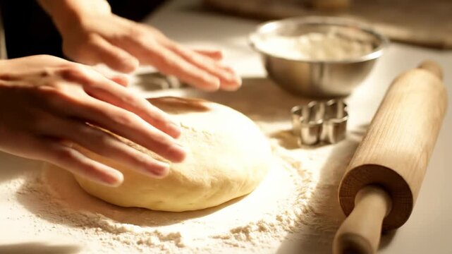Female hands kneading fresh dough on a floured kitchen counter. Homemade baking process for bread or pastry in warm morning sunlight. Culinary triptych showing steps with a rolling pin