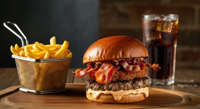 burger with fries and soft drink