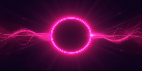 Obraz premium Neon pink glowing energy ring with abstract light waves on dark futuristic background