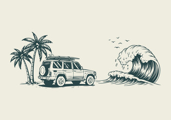 Retro off-road vehicle with surfboard under palm trees on tropical beach, with big ocean wave, summer surf travel adventure illustration © Beny Qurdy
