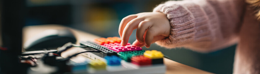 Fototapeta premium Child hand plays with colorful building blocks on keyboard, enhancing digital literacy through playful learning and creativity