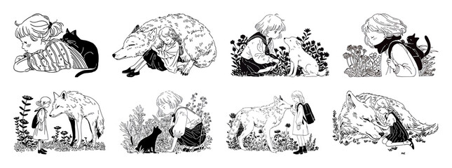 Obraz premium Vintage illustrations of children with animals.