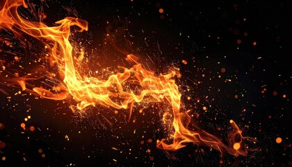 Vibrant orange fire streams across a dark, speckled background with glowing embers.