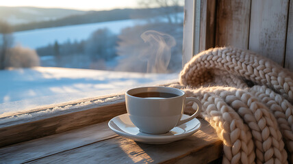 Naklejka premium Steaming cup of hot coffee on a wooden windowsill with a cozy knit blanket and snowy landscape for chocolate day winter morning