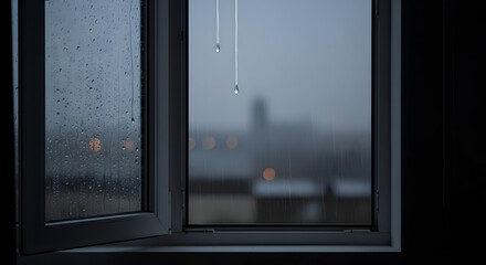 Naklejka premium Rain drops on an open window pane with a blurred cityscape in the background