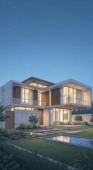 Fototapeta premium Modern house with large windows exterior.