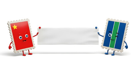 Two cartoon characters holding a blank banner with flags on their frames standing against a simple background