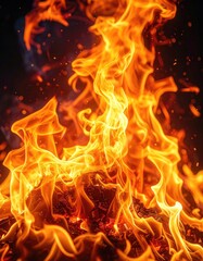 Fototapeta premium Vibrant, dynamic flames erupt upwards from smoldering embers in a close-up shot against a dark background.