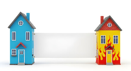 Two miniature houses standing side by side, one intact and the other on fire, symbolizing contrasting situations