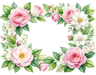 Spring Pink Rose Watercolor Floral Border Frame on Transparent Background 