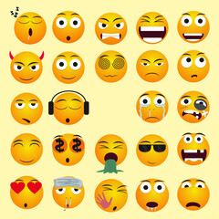 Fototapeta premium Collection of numerous expressive yellow circular emoji icons displaying a vast spectrum of human emotions, physical conditions, and playful symbolic reactions in a repeating digital pattern design.