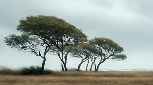 Wind-swept Trees: A captivating display of nature's raw power as windswept trees cling to life on a barren land, their forms shaped by the relentless gusts.