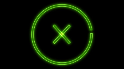 Obraz premium Colorful vibrant green neon cross mark icon inside a glowing circle representing cancellation, error, or closure in a futuristic digital interface, isolated on black background