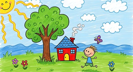 Obraz premium Happy mother's day illustration of child and house under sunny sky