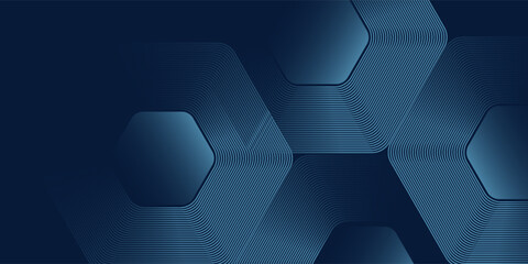 Abstract dark blue technology background with geometric hexagon line pattern, modern digital wave design, futuristic corporate backdrop for business presentation, fintech, AI, data network, innovation